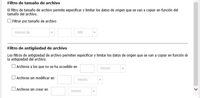 Filtro de tamaño de archivo y Filtro de antigüedad de archivo en Archivado de archivos