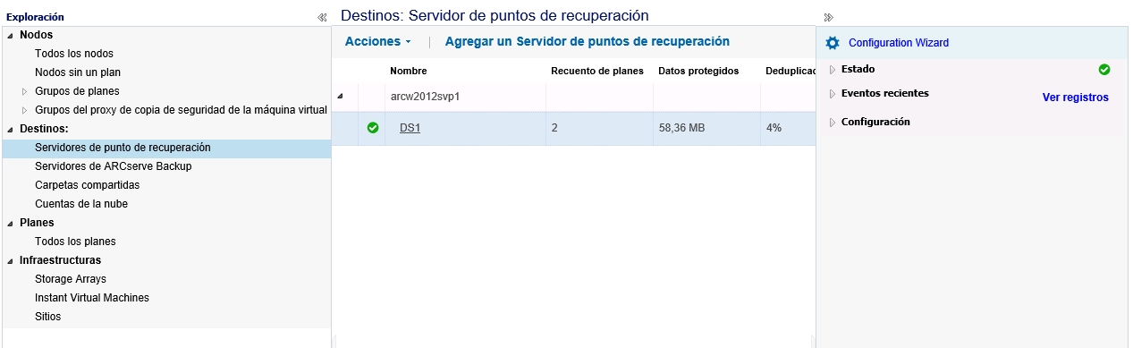 Gestión de destinos que muestra el servidor de punto de recuperación
