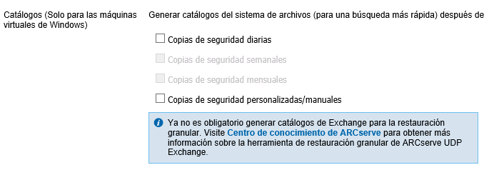 Pantalla Catálogo en la programación para el plan de copia de seguridad basada en el host
