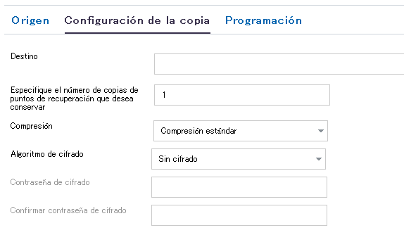 Copia de valores de configuración para la copia de puntos de recuperación