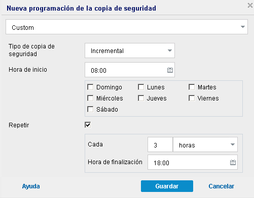 Cuadro de diálogo Nueva programación de la copia de seguridad