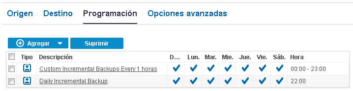 Visualización de la programación de copias de seguridad