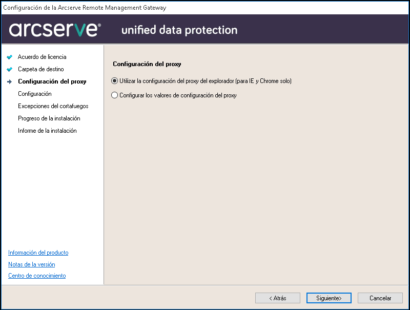 Página de configuración de proxy de la instalación de puerta de enlace de gestión remota de Arcserve