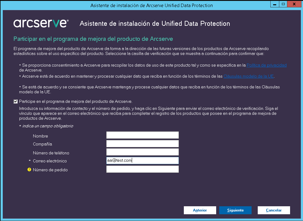 Cuadro de diálogo Programa de mejora del producto