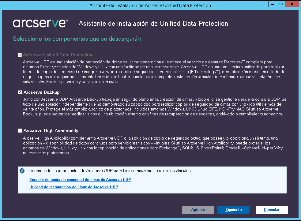 Selección de componentes para su descarga desde el instalador unificado