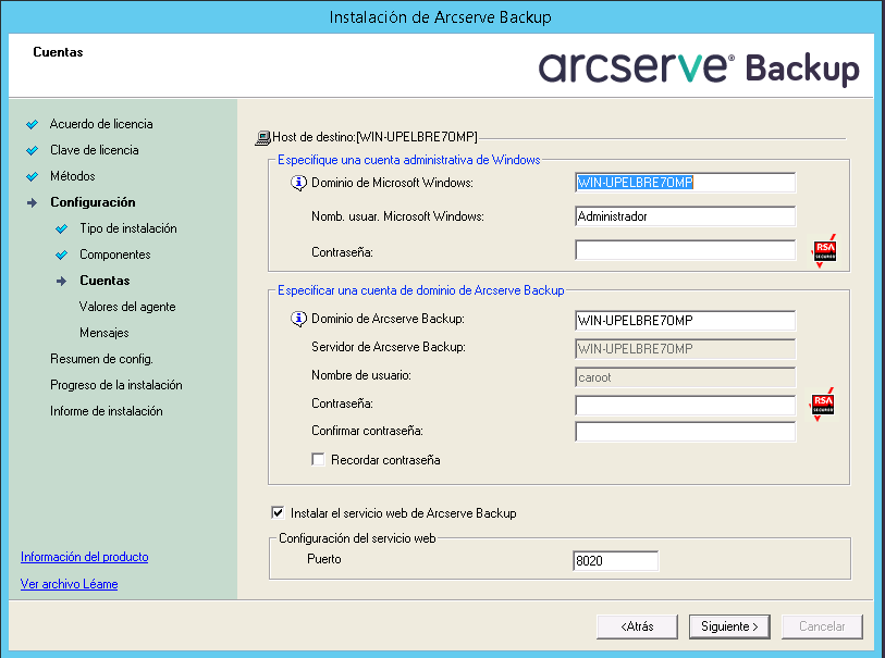 Servicio web de Arcserve Backup activado durante la instalación