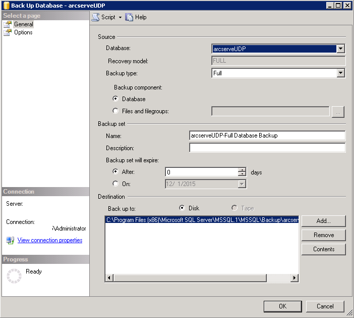 Configuración del destino de la copia de seguridad en la base de datos