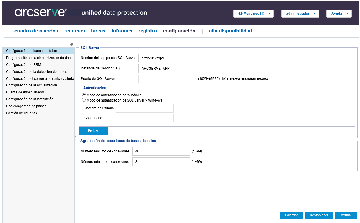 Configuración de la base de datos en la Consola