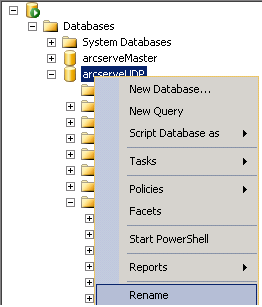Cambio del nombre de la base de datos de arcserveudp en SQL Studio