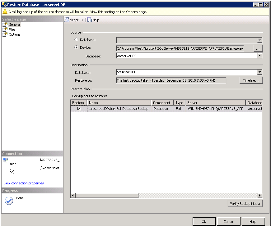 Restauración de la base de datos en SQL Studio