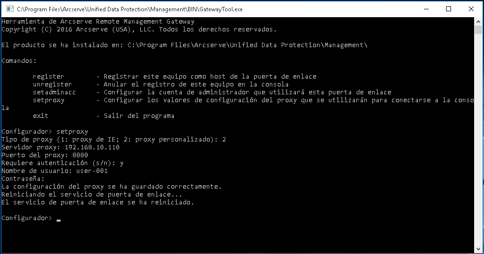 Línea de comandos en la que se muestra el servicio setproxy para la actualización de la credencial de puerta de enlace