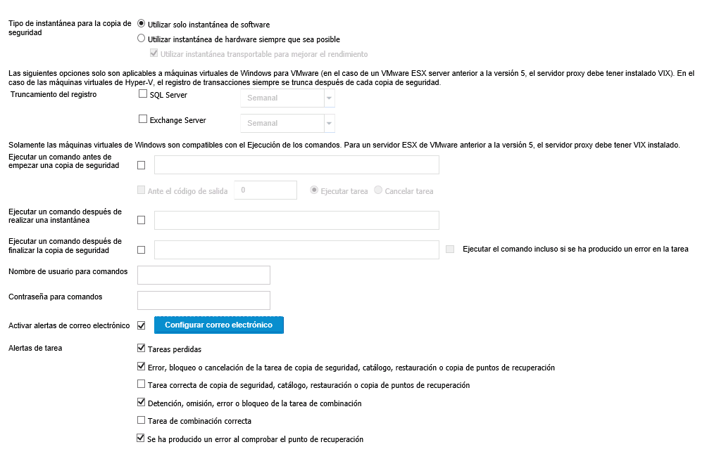 Opciones avanzadas para un plan de copia de seguridad sin agente