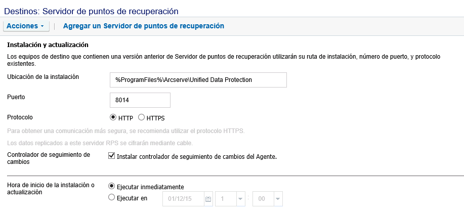El diagrama muestra el cuadro de diálogo de instalación o actualización del servidor de punto de recuperación.