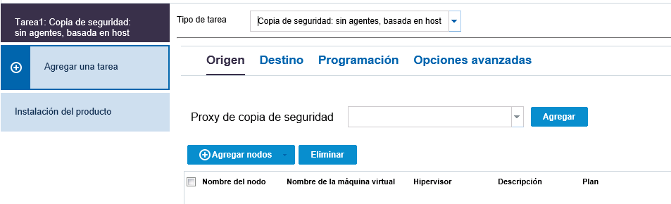 Cuadro de diálogo de la tarea de copia de seguridad sin agente basada en el host