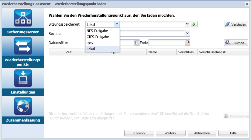 Angeben des Wiederherstellungspunkts für das Laden von Wiederherstellungspunkten (Schritt 3)