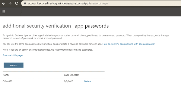 Creating app password for the backup service account