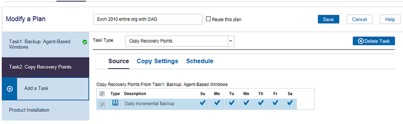 Create Copy Recovery Points Plan Source screen
