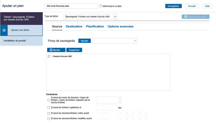 Sélection des exclusions dans les paramètres de la source
