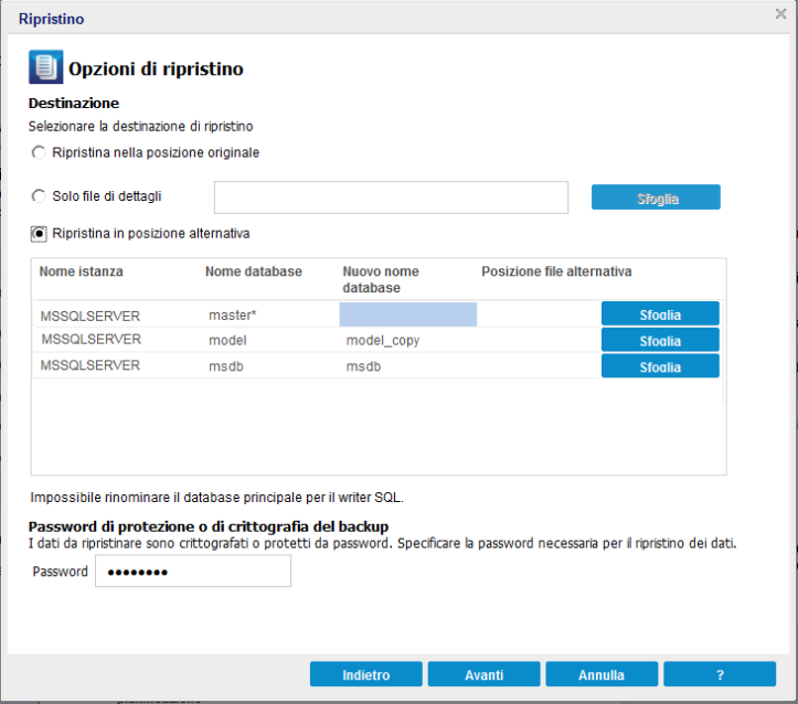 Definizione delle opzioni di ripristino
