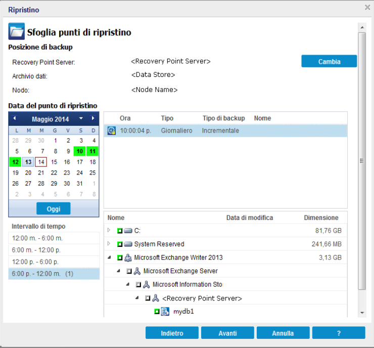 Definizione del punto di ripristino e del database di Microsoft Exchange