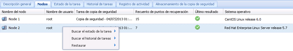Menú contextual para la ficha Nodos