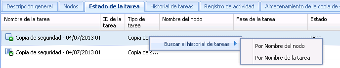 Menú contextual para la ficha Estado de la tarea