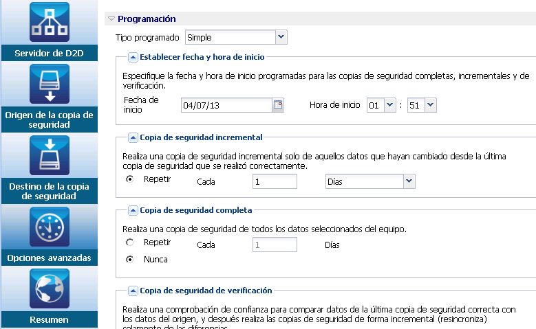 Página Configuración avanzada del Asistente de copia de seguridad