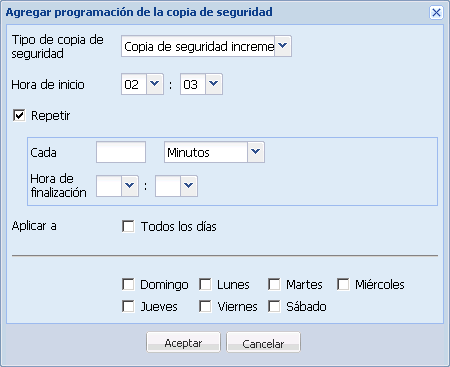 Este diagrama muestra el cuadro de diálogo Agregar programación de la copia de seguridad.