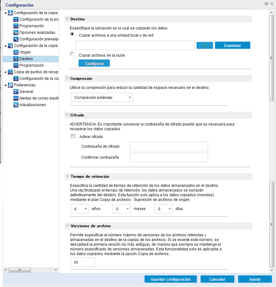 Valores de configuración de copia de archivo - Cuadro de diálogo Destino