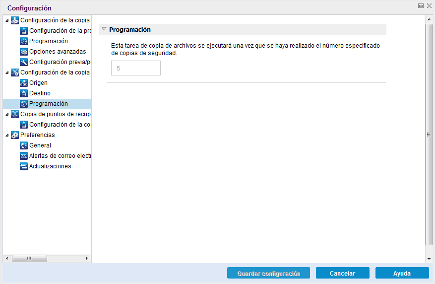 Valores de configuración de copia de archivo - Cuadro de diálogo Programación