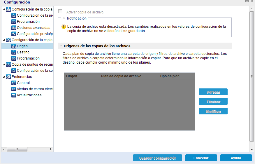 Valores de configuración de copia de archivo - Cuadro de diálogo Origen