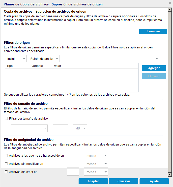 Cuadro de diálogo Políticas de Copia de archivo - Suprimir origen