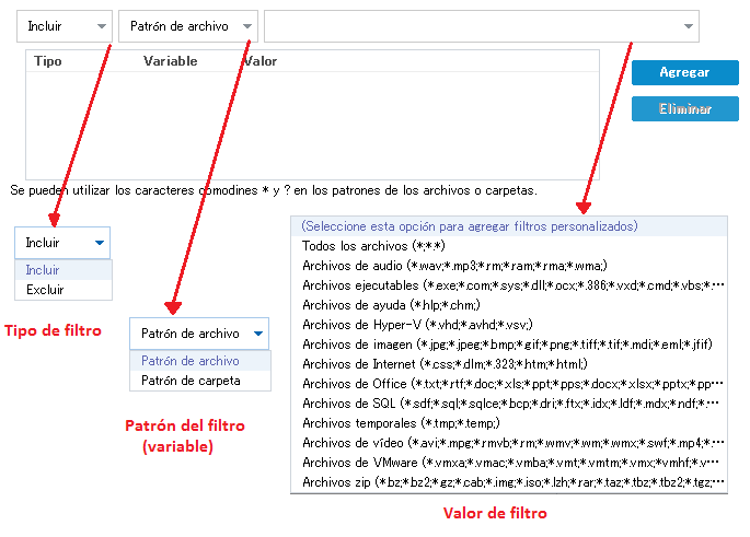 Desplegables de filtros de origen