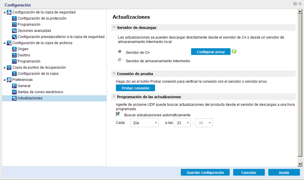 Valores de configuración Preferencias - Cuadro de diálogo Actualizaciones