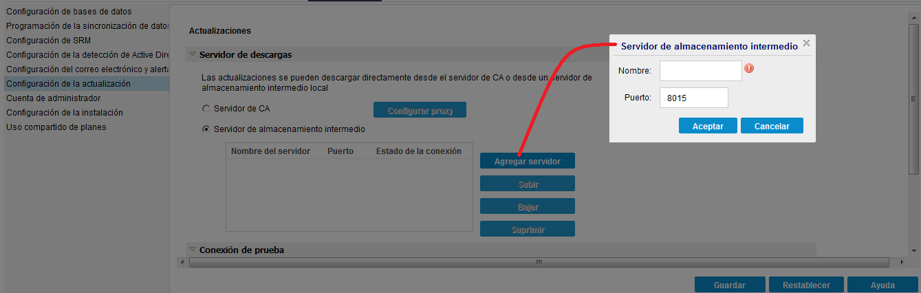 Opción Servidor de almacenamiento intermedio para la actualización de la configuración