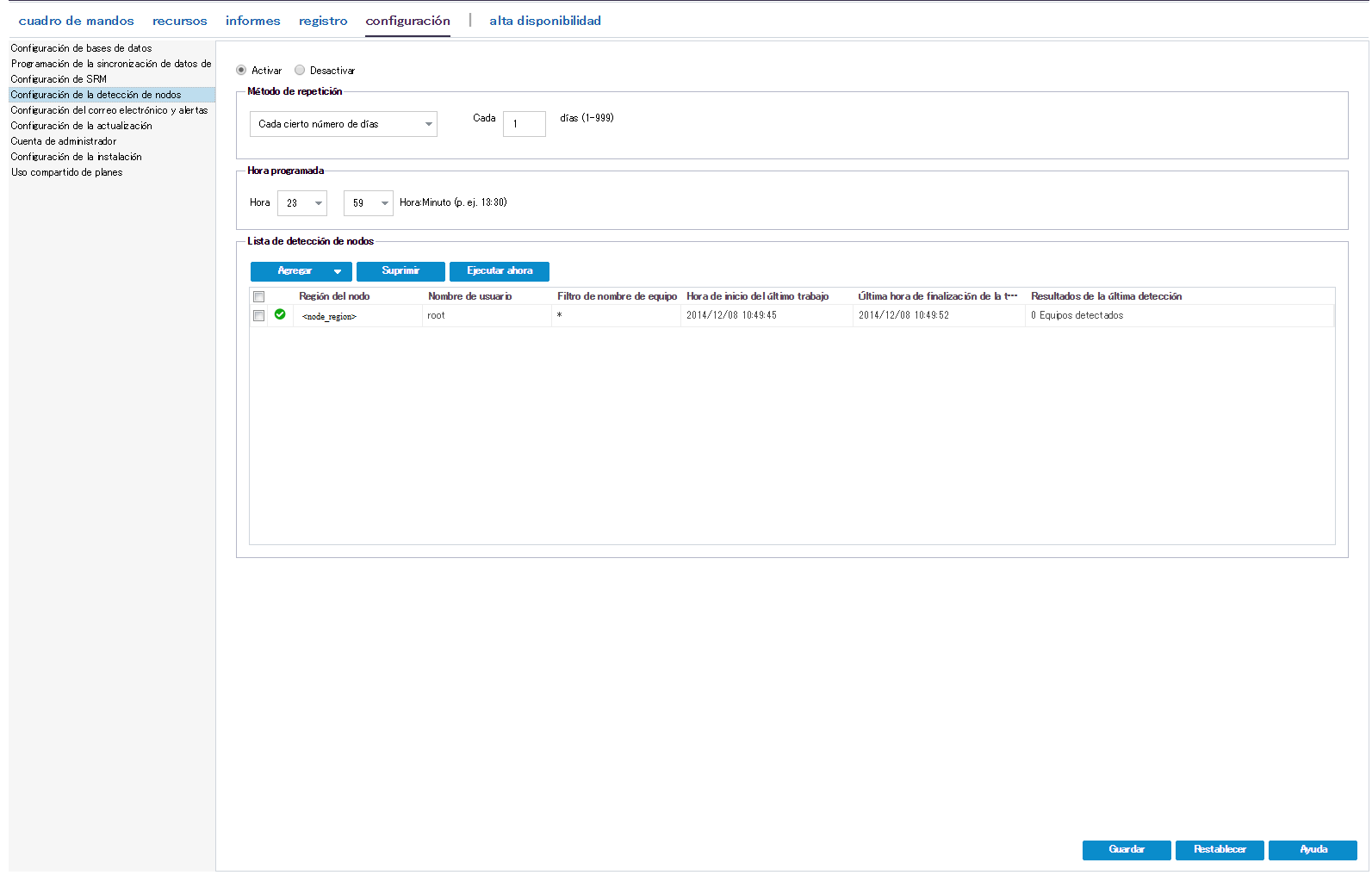 Captura de pantalla de la configuración de la detección de nodos