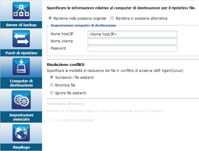 Dettagli del computer di destinazione per il ripristino a livello di file