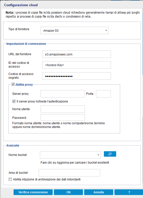 Finestra di dialogo Configurazione cloud - Ripristino di copia file