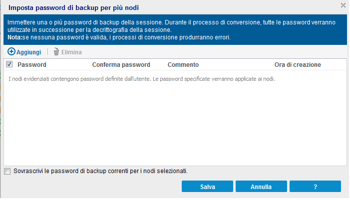 Finestra di dialogo Imposta password di backup per nodi multipli