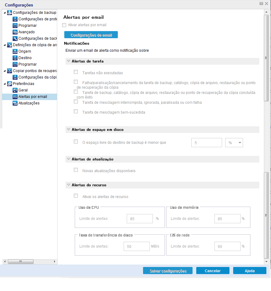 Configurações de preferências - caixa de diálogo Alertas por email