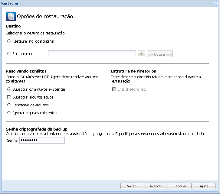 Este diagrama mostra as opções disponíveis na caixa de diálogo Opções de restauração