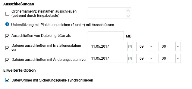 Auswählen von Ausschlüssen in Quelleinstellung