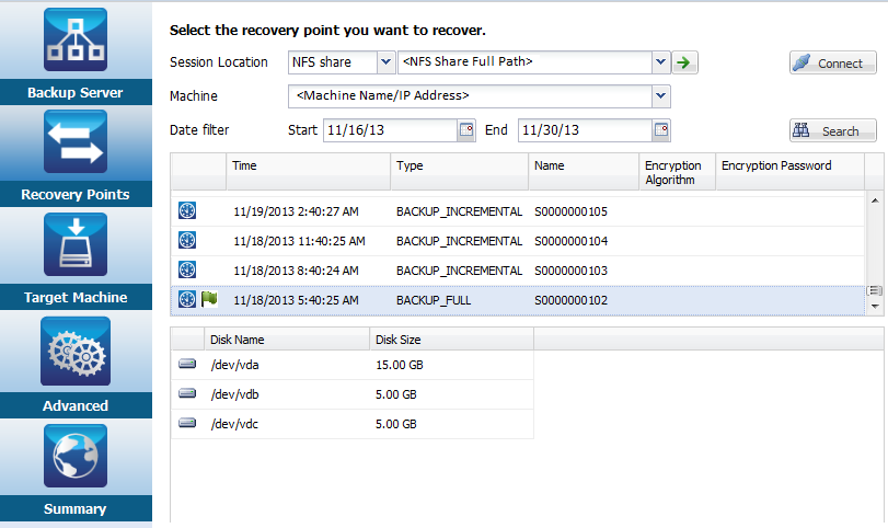 Recovery points dialog for BMR
