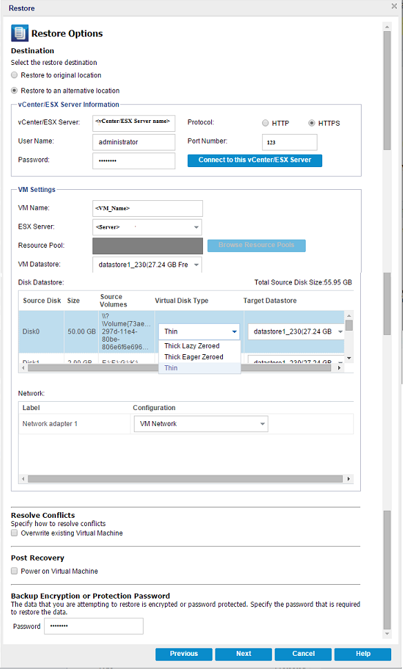 This diagram displays the restore options that are available for Alternate location