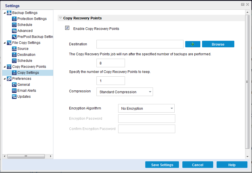 This picture displays the options available to configure the copy recovery point settings