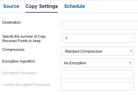 Copy settings for copy recovery points