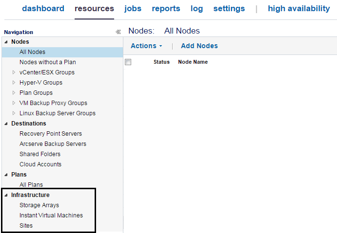 Infrastructure management view on the Console