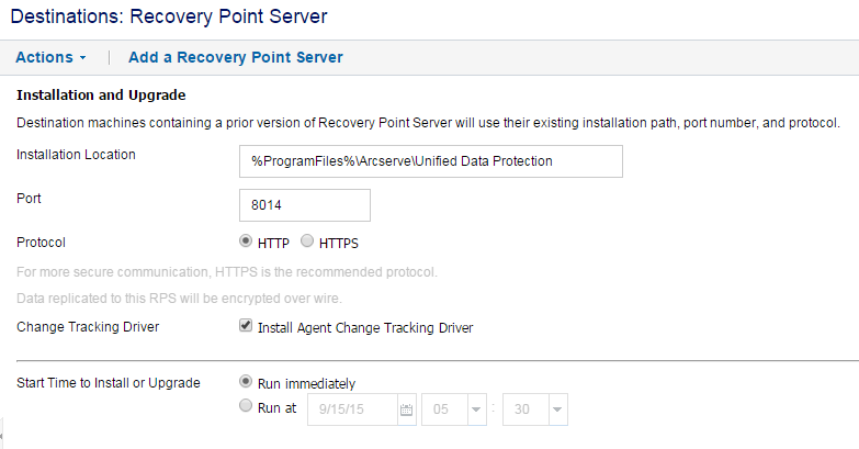 The diagram displays the install or upgrade recovery point server dialog